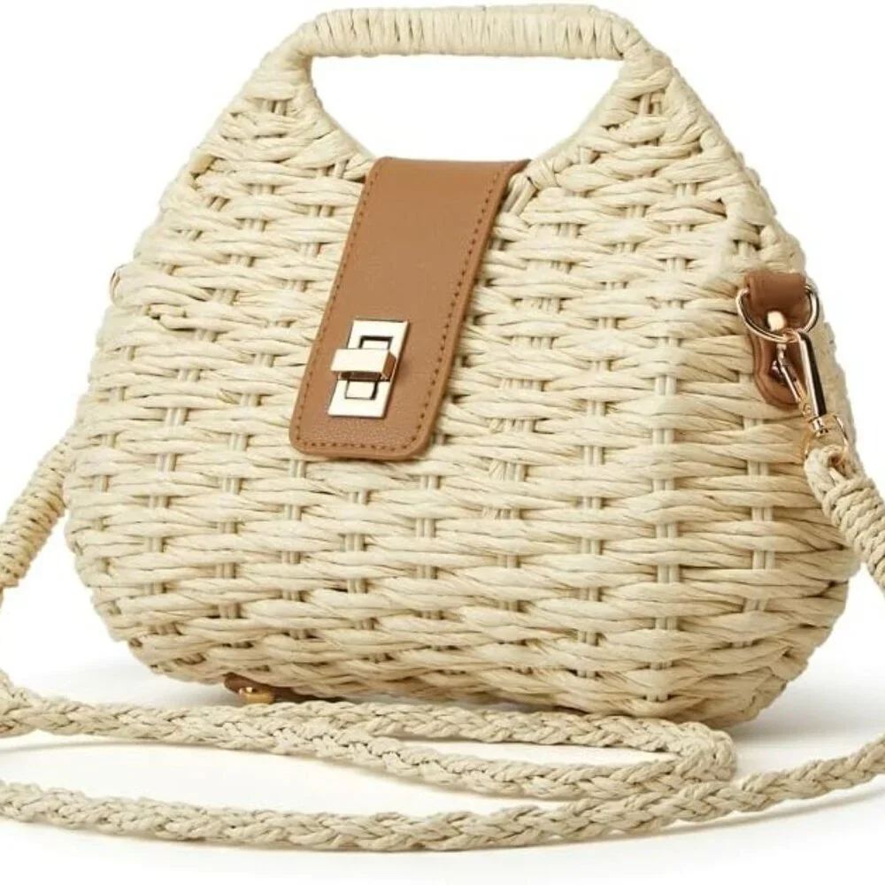 Women Straw Shoulder Handbag Summer Beach Tote Crossbody Chic Purse - Picture 3 of 9